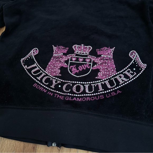 Sz M Y2K Juicy Couture Black Velour Zip Up Hoodie Sweater - Picture 3 of 4